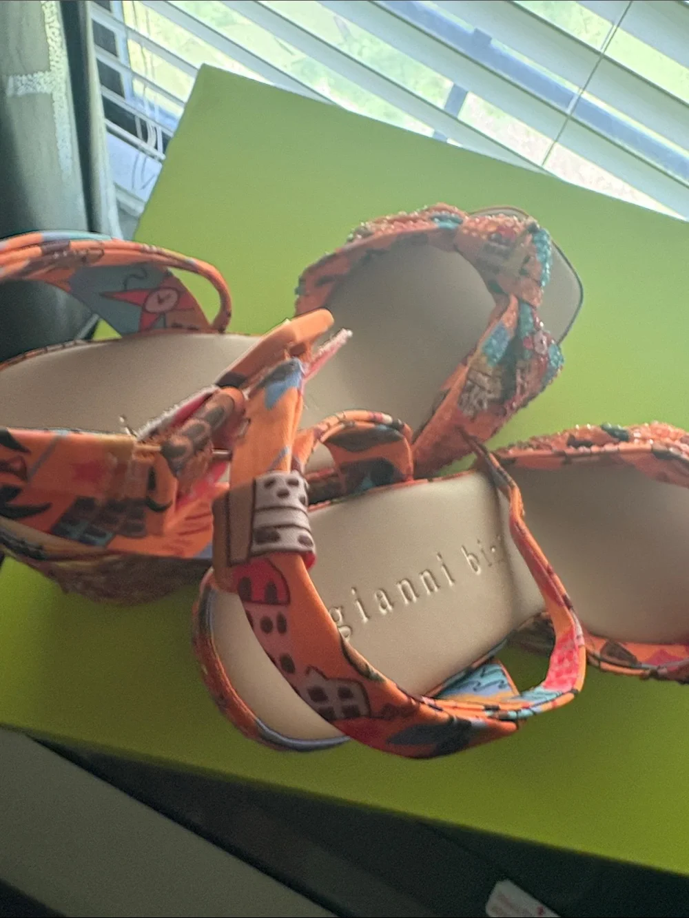 Gianni Bini Orange Multicolor Patterned Wedge Sandals